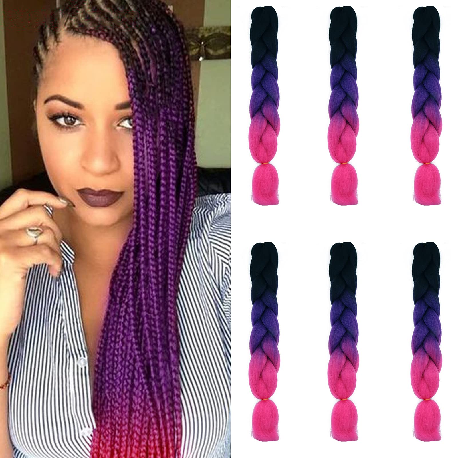 Cybelleza 6 Pcs /600g 24" Braiding Hair Extensions Jumbo Braids Synthetic Crochet Hair Afro Box Braid Heat Resistent (Black&Purple&Rose Red)