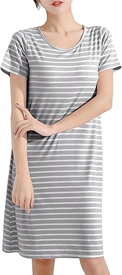Amazon Meitesi パジャマ レディース ルームワンピース 半袖 カップ付き ルームウェア 柔らか ボーダーワンピース 部屋着 ルーム ワンピース ネグリジェ 通販