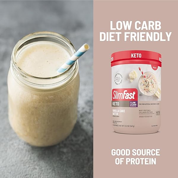 SLIMFAST KETO MEAL REPLACEMENT POWDER, KETO MEAL REPLACEMENT SHAKE, LOW CARB, WHEY PROTEIN, COLLAGEN PROTEIN, GRASS FED BUTTER, WEIGHT LOSS SHAKES POWDER, GLUTEN FREE, VANILLA CAKE BATTER, 10 SERVINGS