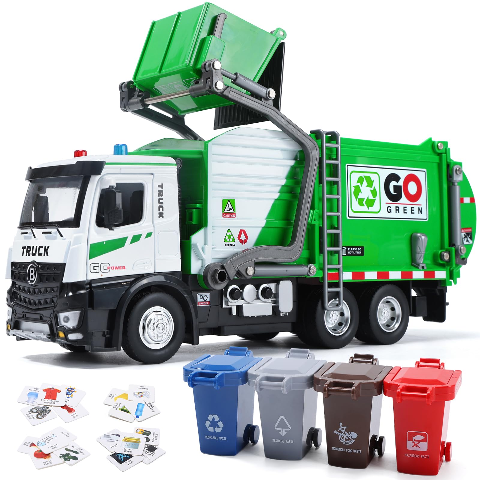 Photo 1 of ***DUMPSTER LIFT BROKEN*** HOLYFUN 12'' Electric Garbage Truck Set with Front Loader/Metal Cab, Friction-Powered Recycling Vehicle with Dumpster, 4 Trash Bins & Sorting Cards, Trash Truck Toy with Lights/Sounds for Kids