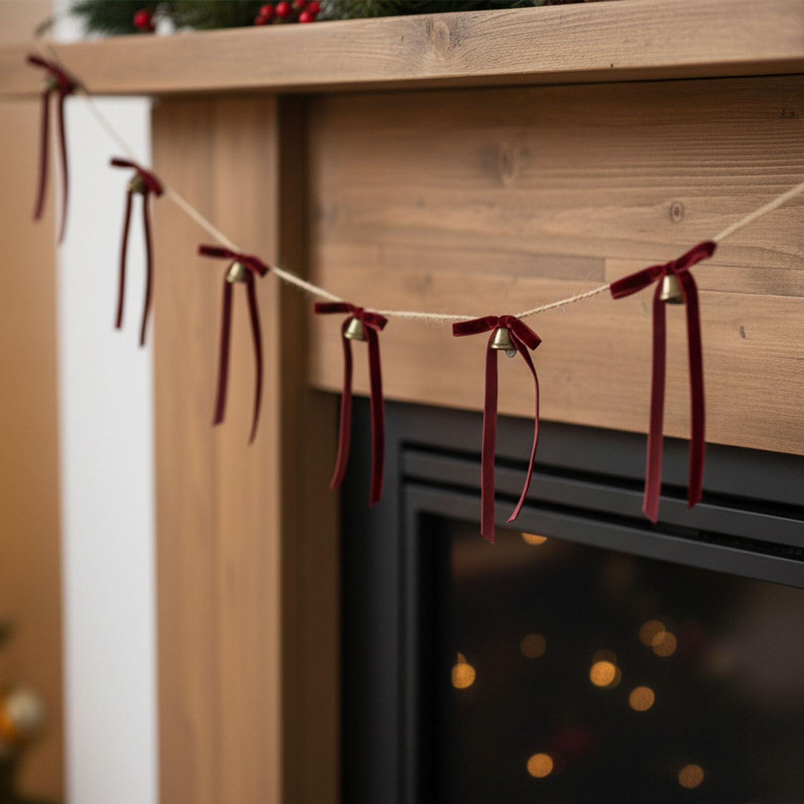 Photo 1 of 12 Ft Burgundy Green Velvet Christmas Bow Garland Pre-String Coquette Bow with Vintage Bell Ribbon Banner for Christmas Tree Hanging Decoration Xmas Fireplace Staircase Fireplace Ornament
