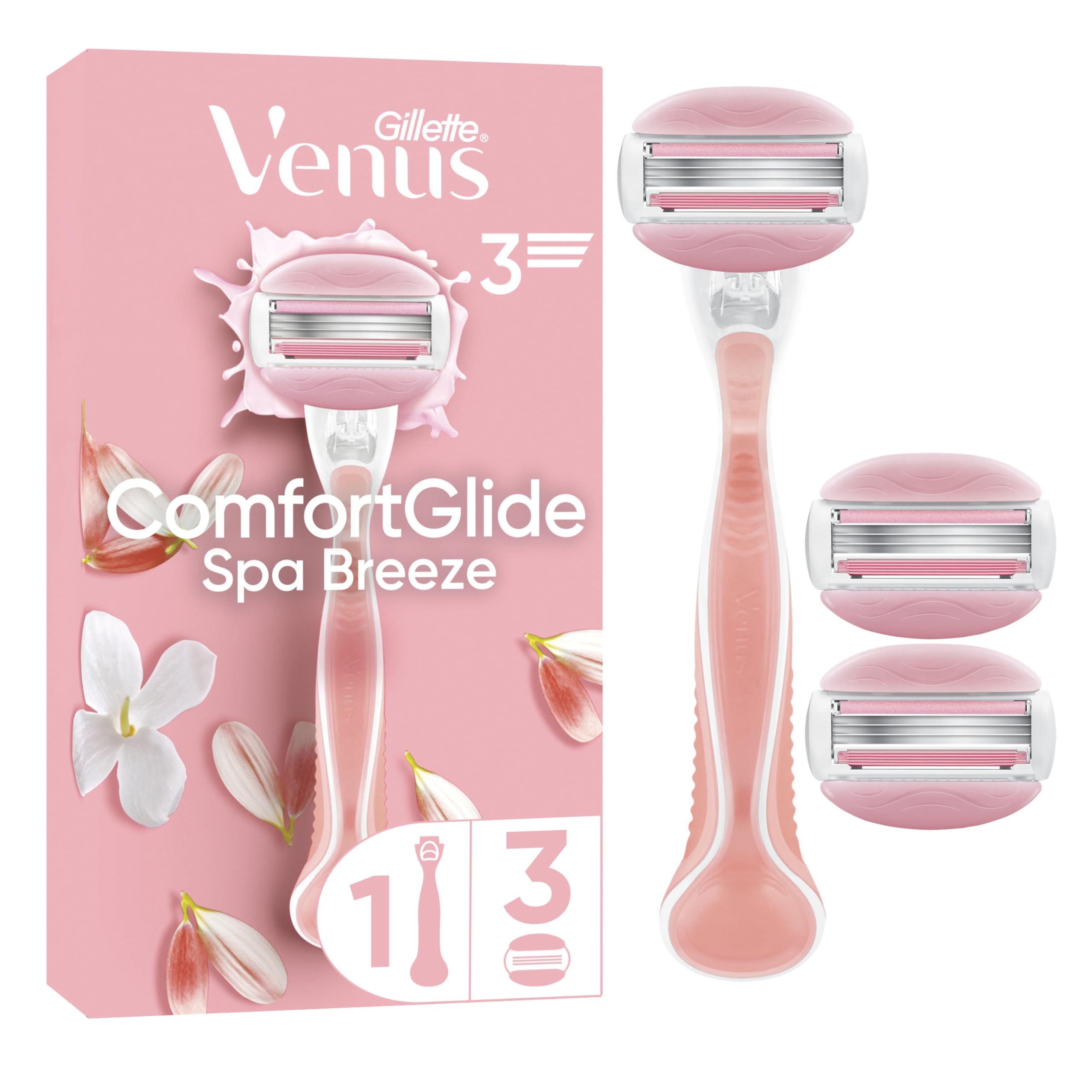 Gillette Venus ComfortGlide Women’s Razor Spa Breeze, 1 Refill Razor Cartridges, Reusable Metal Handle and Shower Holder