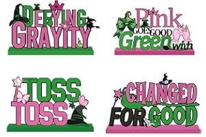 SIUNOH 4PCS Wooden Wicked Party Decorations- Pink and Green Table Centerpiece for Birthday, Halloween/Christmas Parties，Perfect for Wicked Birthday Decorations, Witch Party Favors for Boys and Girls