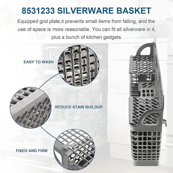 AMI PARTS 8531233 WP8562043 UNIVERSAL DISHWASHER SILVERWARE BASKET REPLACEMENT FIT FOR WHIRLPOOL KITCHENAID DISHWASHER UTENSIL RACK BASKET, REPLACES 8531233,8562043, WP8531233VP