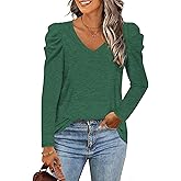 LCXWFE Womens Tunic Tops Puff Sleeve Casual V Neck Long Sleeve Shirts Solid Color S-2XL