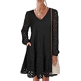 ANRABESS Long Sleeve V Neck Dresses for Women Eyelet Hollow Out Business Casual Tiered 2026 Fall Mini Dress with Pockets