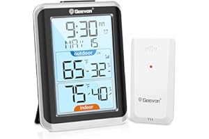 Geevon Wireless Indoor/Outdoor Thermometer & Hygrometer, Digital Temperature & Humidity Sensor with Time, Clock, 200ft/60m Range, 3.8‘’ Large Display