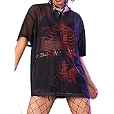 Floerns Women's Short Sleeve Skeleton See Through Sheer Mesh Tee Shirt Blouse Rave Tops