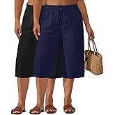 Neer 2 Pack Women's Plus Size Linen Capris Wide Leg High Waisted Drawstring Cropped Pants Beach Pants with Pockets