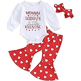 WNGECAT Baby Girls 3Pcs Valentine's Day Outfits Letter Print Long Sleeve Rompers Heart Print Flare Pants Headband Set