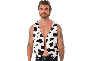 YOOJIA Men's Cow Print Vest Open Front Sleeveless Cardigan Waistcoat Cowboy Halloween Cosplay Tops