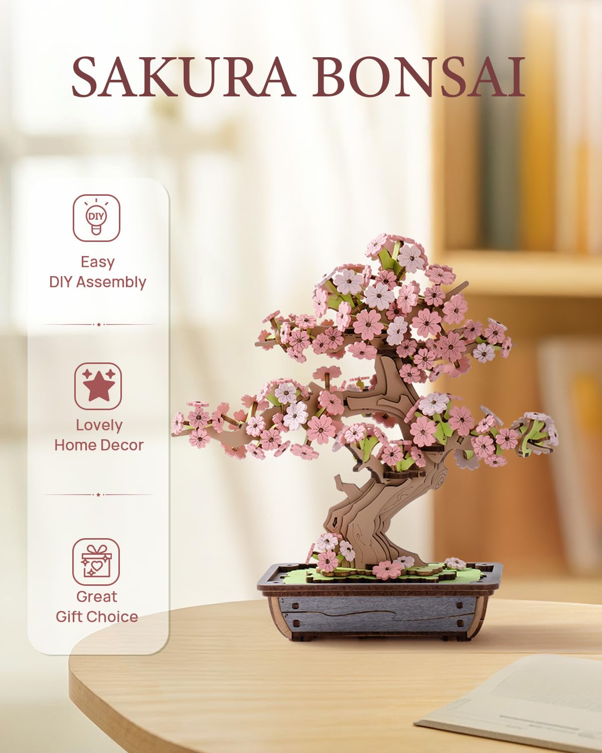 Rolife 3D Wooden Puzzle Flower for Adults, DIY Sakura Bonsai Tree Plants for Home Table Decor, Creative Cherry Blossom Crafts Birthday Model Building Kits Toys