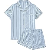 OPOIPIN Women's Striped Pajamas Set Button Down Short Sleeve Shirt 2 Piece Sleepwear with Shorts