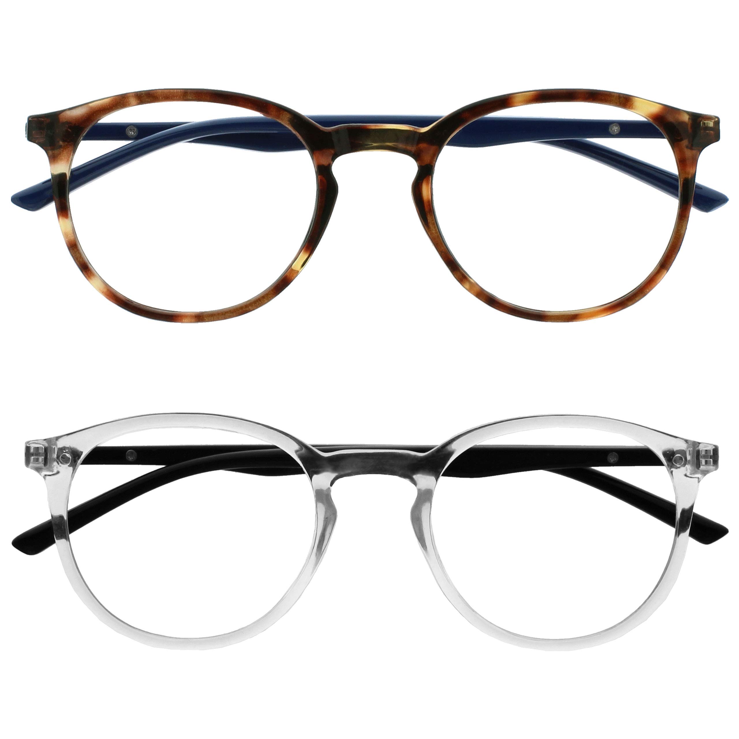OPULIZE MET Blue Light Blocking Reading Glasses for Women Men, Slim Round Frame with Scratch Resistant and Spring Hinges, Computer Glasses with Anti-Reflective, Brown,Clear +0 (Pack of 2)