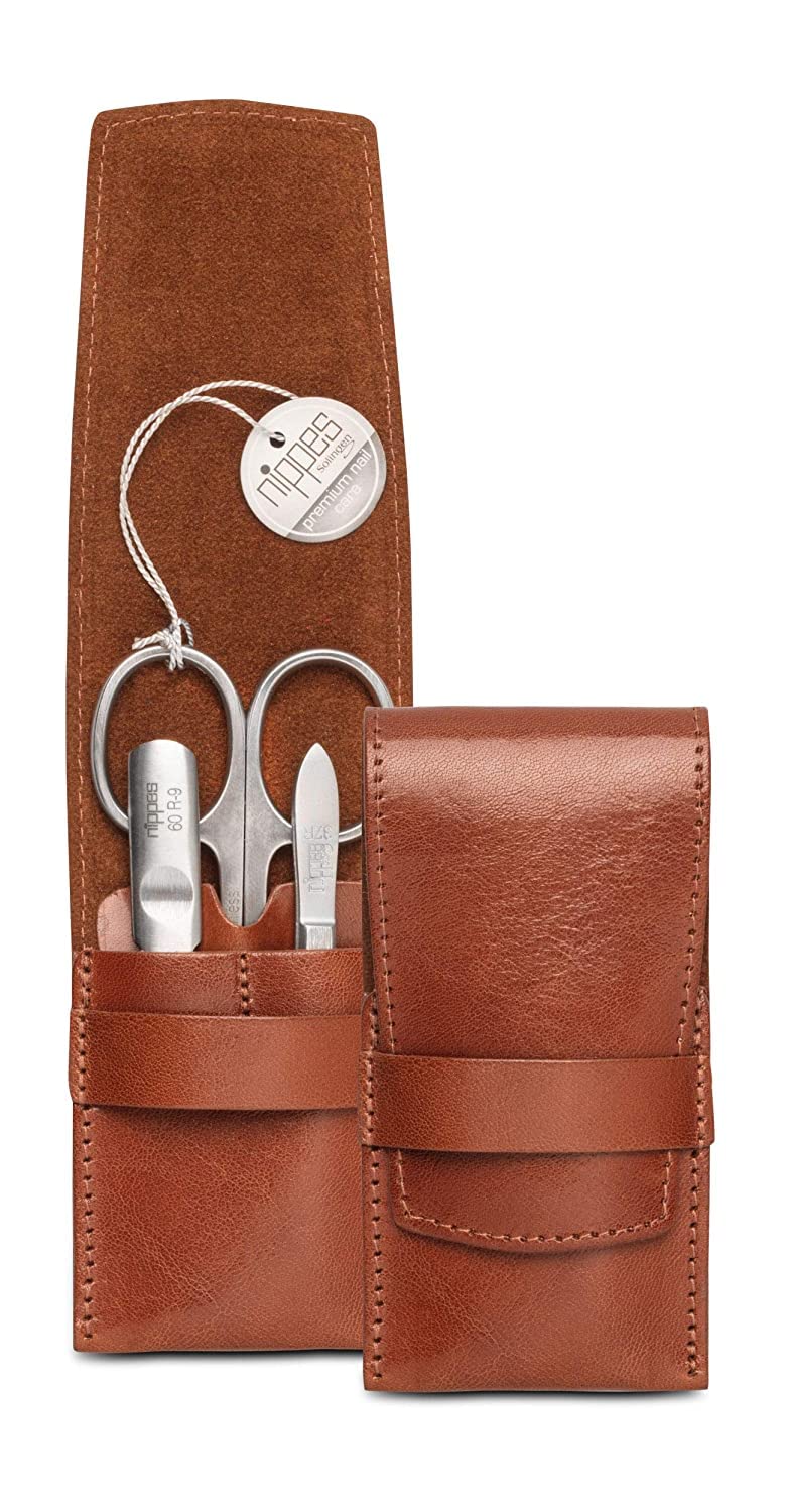 Nippes Solingen Manicure Set Whiskey 3 Pieces Stainless Steel Rust and Nickel Genuine Cowhide Leather Case with Flap Closure Nippes Premium Line Brown