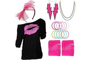 Z-SHOP 80s Outfits Costume Accessories for Women,I Love 80's Print Off Shoulder T-Shirt for 80s Costumes