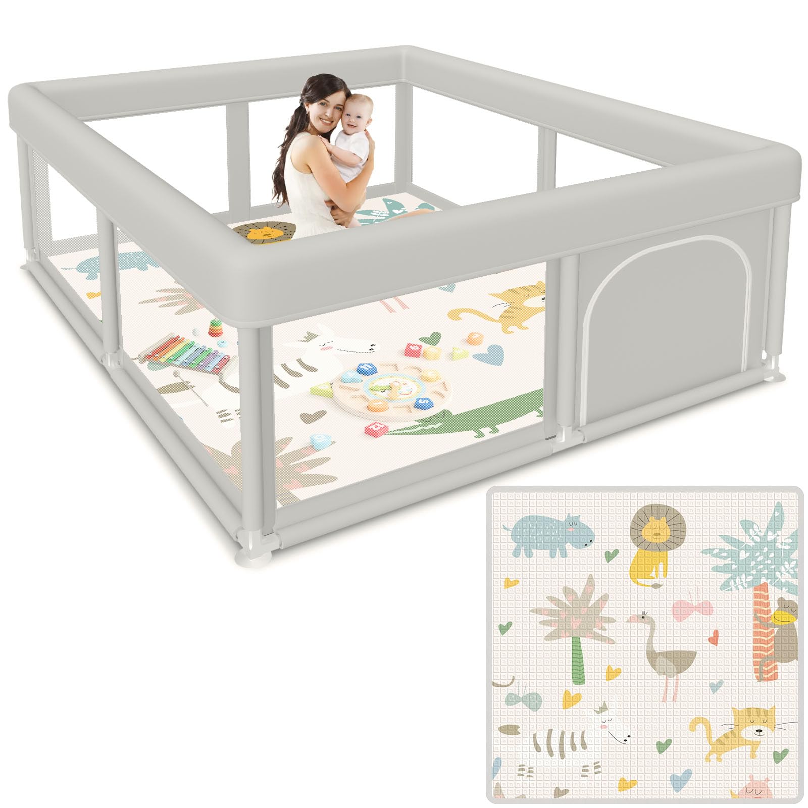 Photo 1 of besuhot Baby Playpen 50x50 Inch Baby Playpen with Mat, Play Pen for Babies and Toddlers, Playard with Gate, Sturdy Safety Fence, Indoor & Outdoor Kids Activity Center