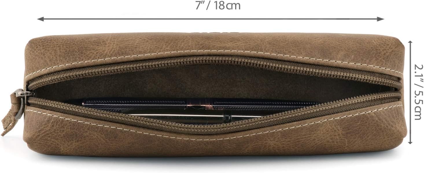 LONDO Genuine Leather Zipper Pen, Pencil & Cosmetic Case - Pouch Stationery Bag, Mink - Image 3