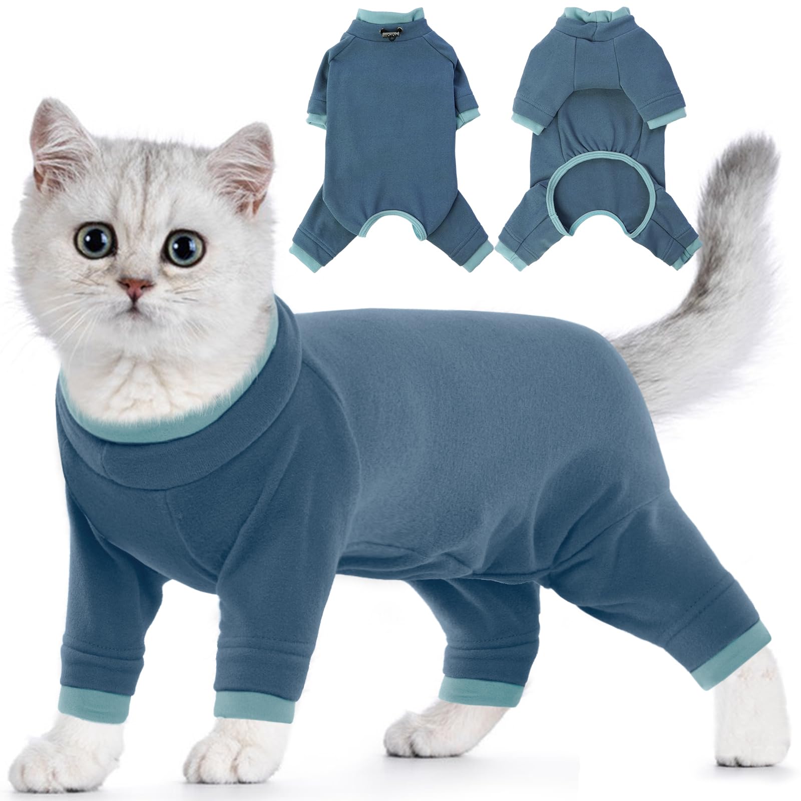 Cat Overgrooming Suit, Allergy Suit Soft Cat Fleece Coat Turtleneck Keep Pet Warm during Cold Days Comfortable for Indoor use(Blue-gray, XL)