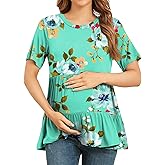 Xpenyo Women Tiered Maternity Top Fashion Short Sleeve Casual Pregnancy Blouse Shirts Mint Green Floral XL