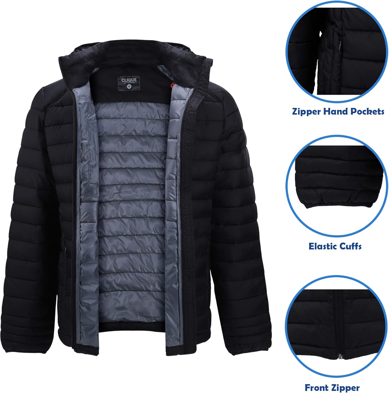 Mens Down Alternative Jacket Quilted Lightweight Packable Padding Coat with Detachable Hood: Clothing