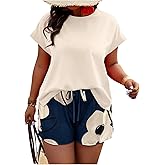 Verdusa Women's Plus Size 2 Piece Outfits Short Sleeve T Shirt with Floral Shorts Set