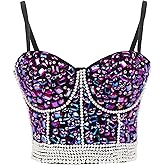 VEENDEO Women's Rhinestone Bead Bustier Crop Top Club Party Glitter Corset Top Bra Vest