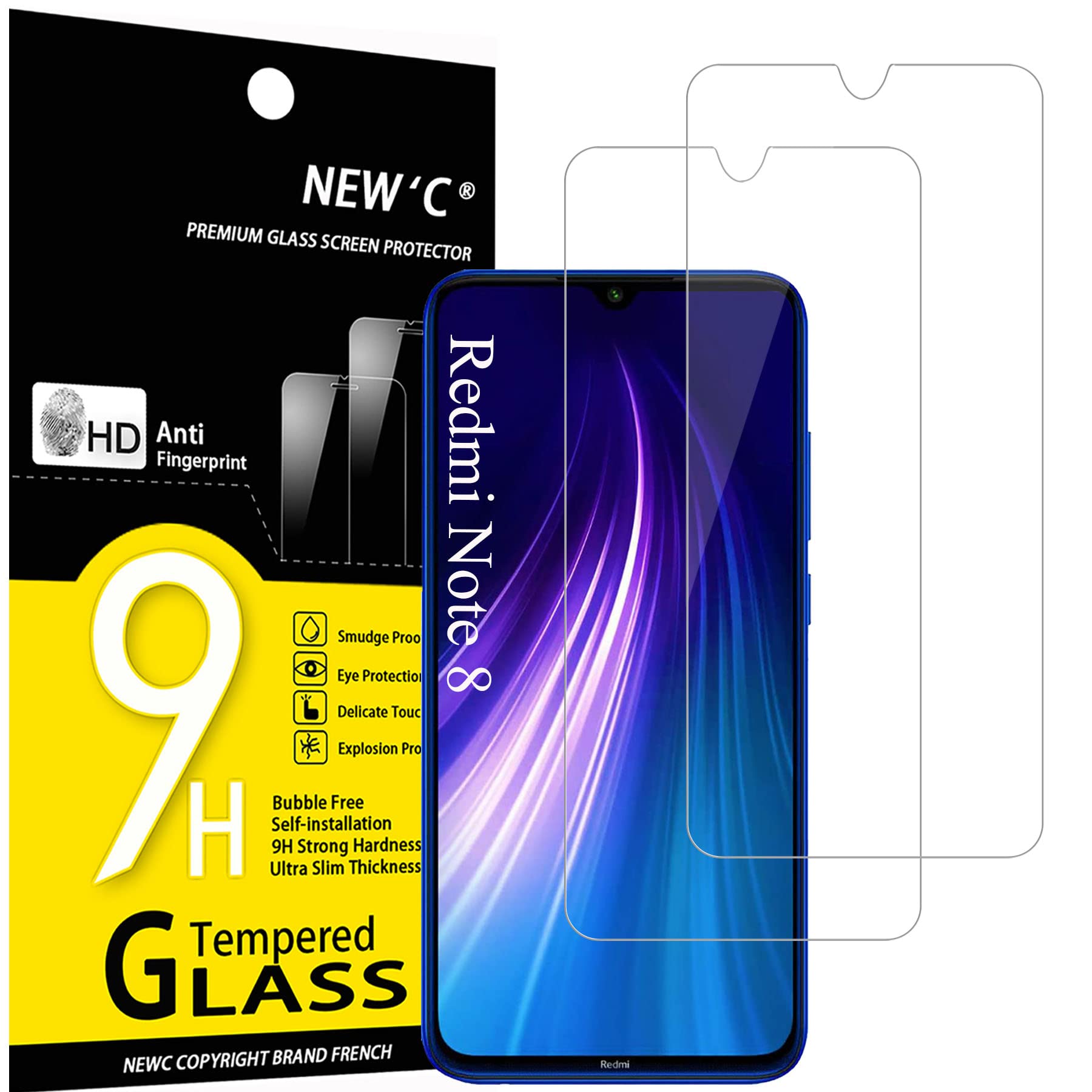 NEW'C 2 Pack Designed forXiaomi Redmi Note 8, Note 8 2021, Mi 9 Lite, Screen Protector Tempered Glass,Case Friendly Scratch-proof, Bubble Free, Ultra Resistant