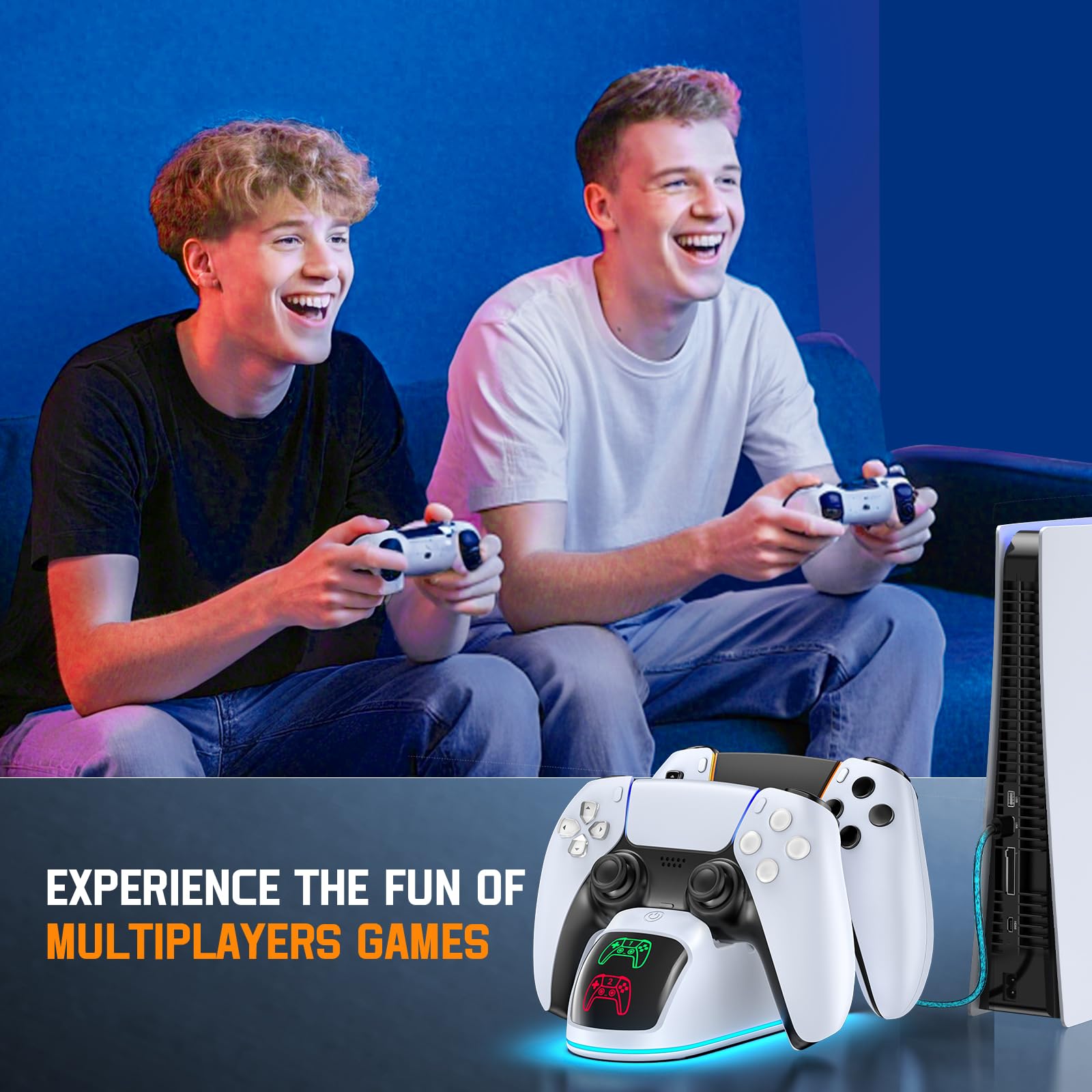 RGB PS5 Ladestation, 2St. Schnelles PS5 Ladegerät für PS5 Original & Edge Controller, mit LED Anzeigen & 9 RGB Beleuchtung, PS5 Controller Ladestation für PlayStation 5 Zubehör, Weiß 7