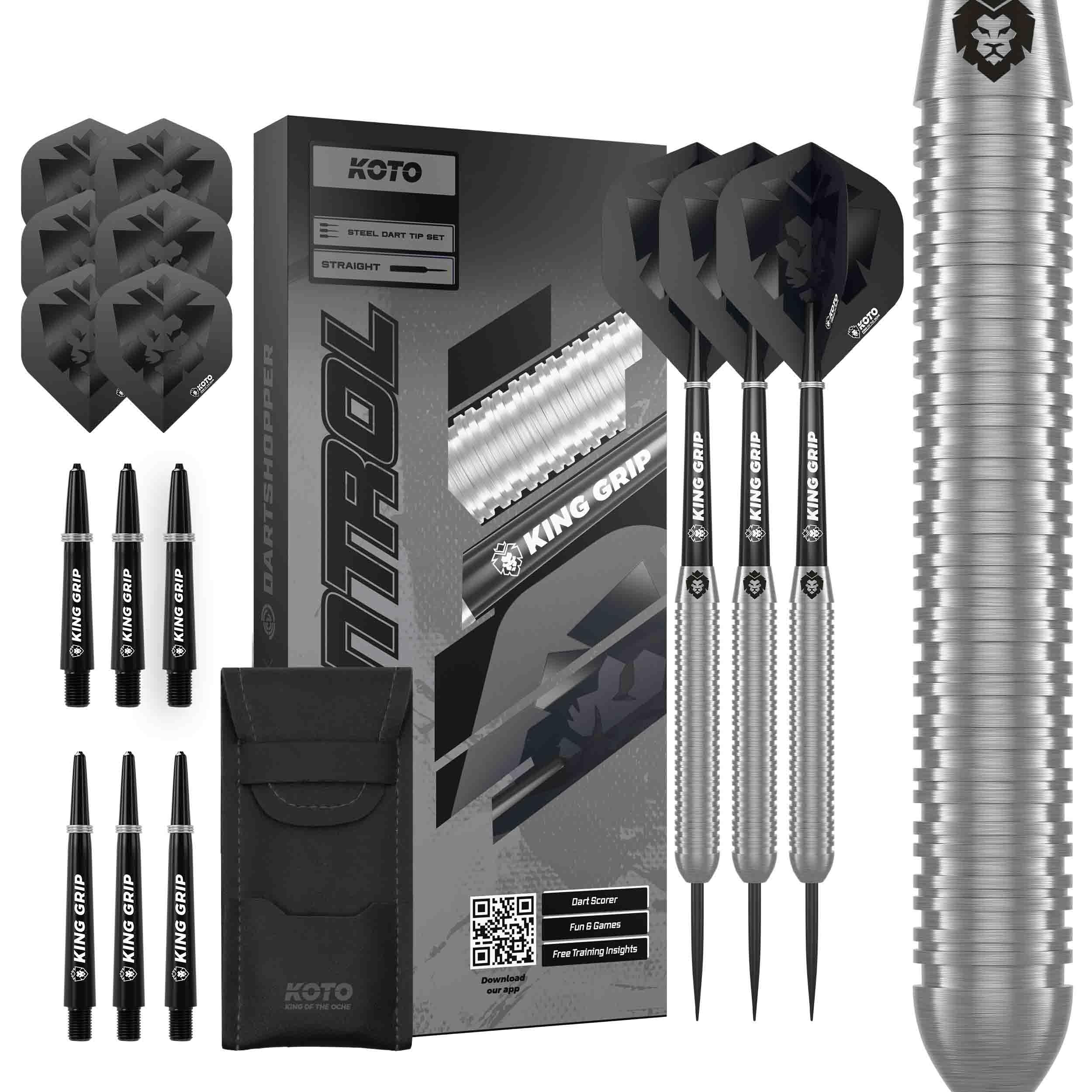 KOTO - Kingcontrol 90% Darts 24 Gram, Black, Firm Ringgrip, Professional Darts Set Incl. 3 Barrels, Flights, Shafts & Dartwallet