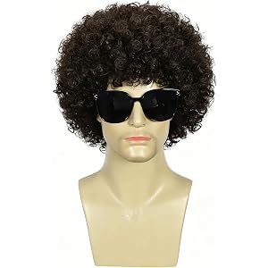 Men Brownish Black Curly Afro Wig, 70s Disco Hippie Synthetic Cosplay Wig | Breathable Adjustable Cap Fits Adult Men; Ideal R
