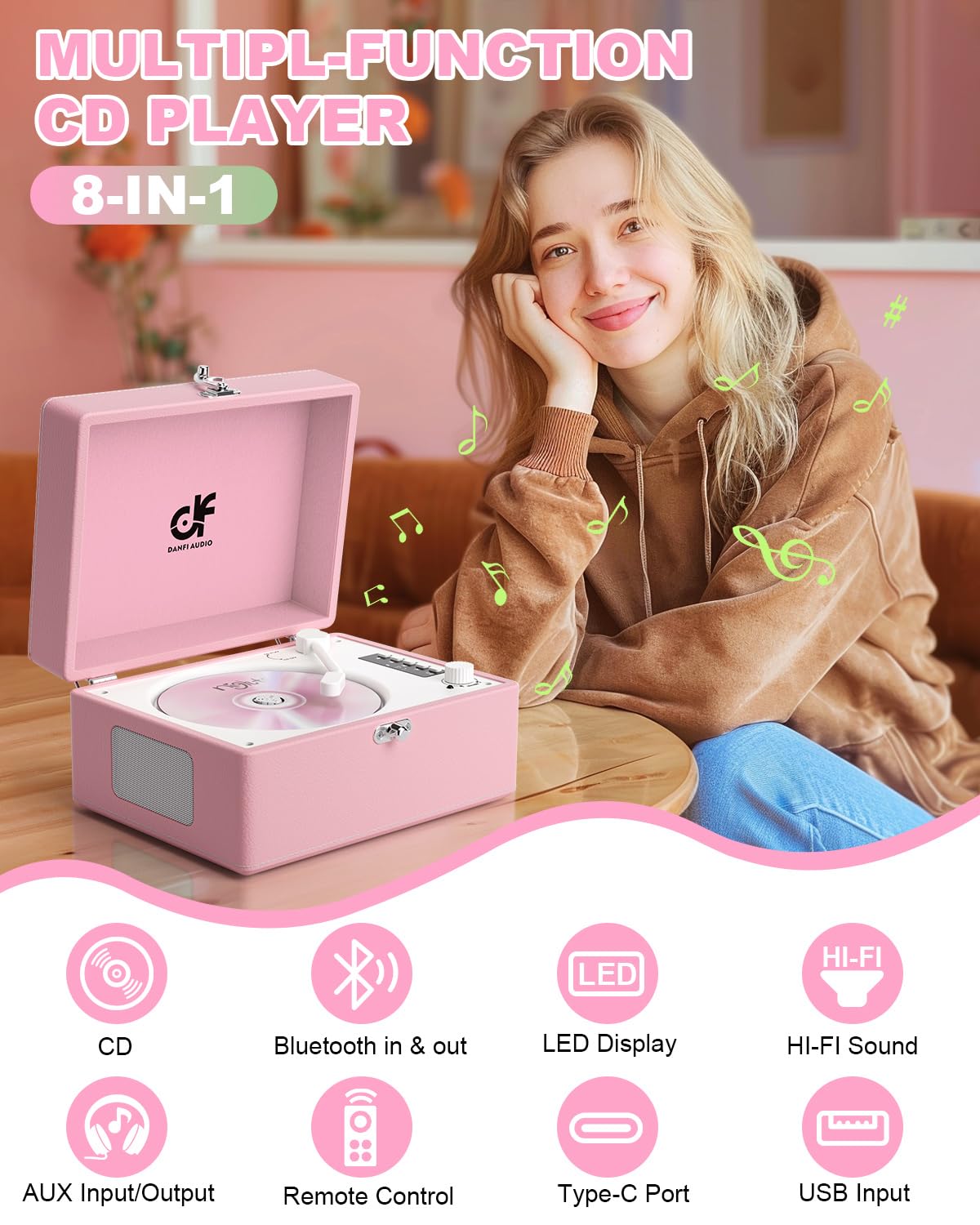 CD Player with Stereo Speakers, Wireless Bluetooth Input/Output Transmission, Rechargeable Battery, LED Screen USB Retro CD Player for Home