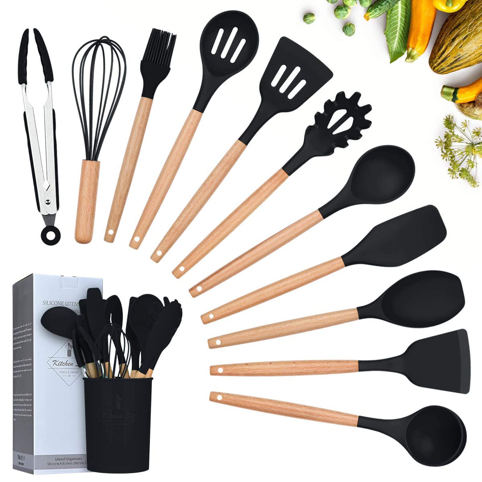Lychee Kitchen Utensil Set Silicone Cooking Utensils - 12 Pieces Cooking Spatula Turner Heat Resistant Tools with Wooden Handle for Nonstick Non Scratch Cookware Kitchen Gadgets Set (Black)