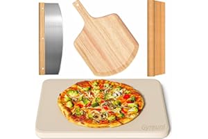GYREUNI 4 PCS Rectangle Pizza Stone Set, 15" Large Pizza Stone for Oven and Grill with Pizza Peel(OAK), Pizza Cutter & 10pcs Cooking Paper for Free, Baking Stone for Pizza, Bread,BBQ