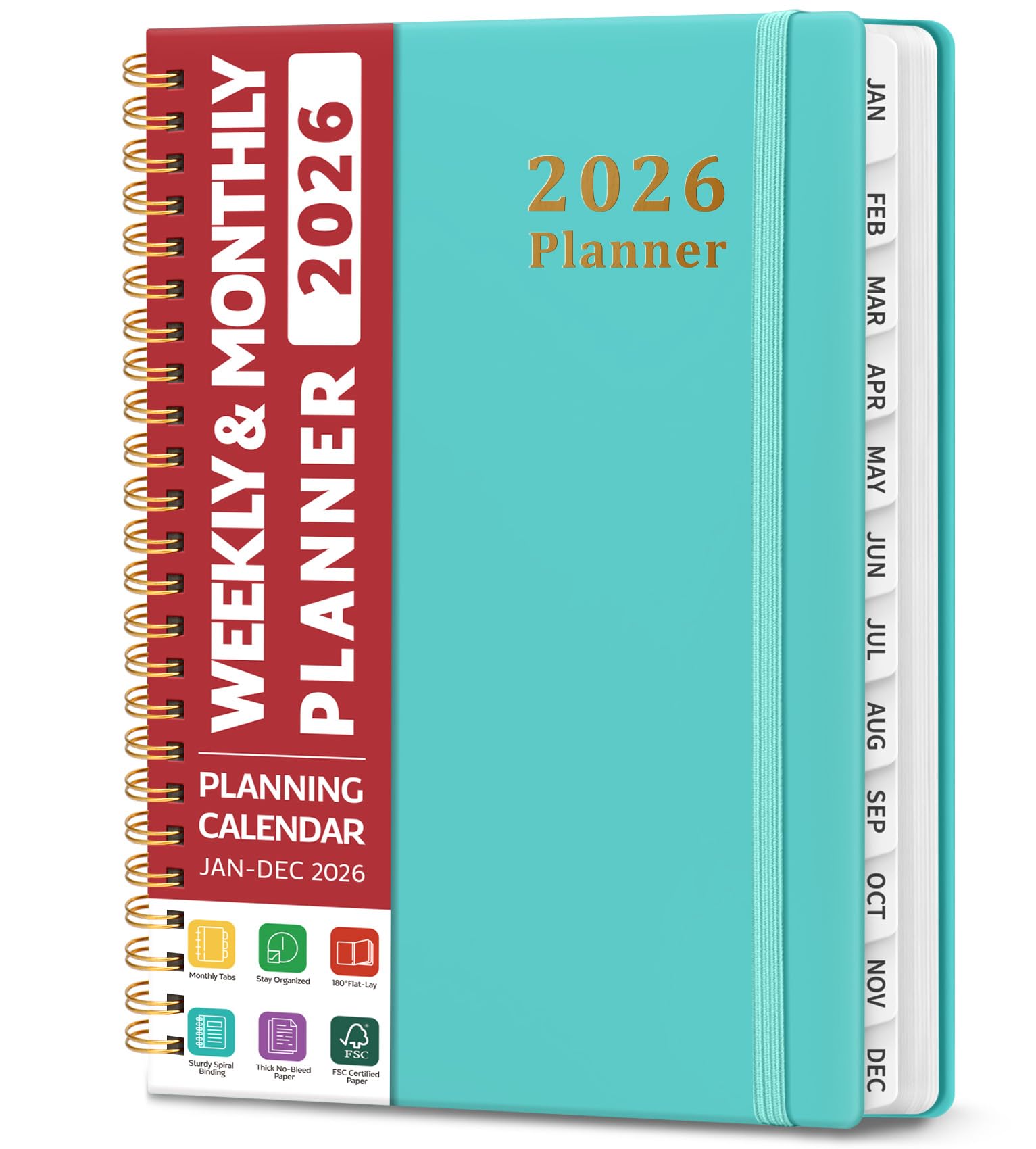 Photo 1 of 2026 Planner, Weekly and Monthly Planner, January 2026 - December 2026, Hardcover 2026 Calendar Planner Book with Tabs For Women & Men, Inner Pocket, Spiral Bound, Perfect for Office Home School Supplies - A5 (6.3" x 8.5"), Aquamarine