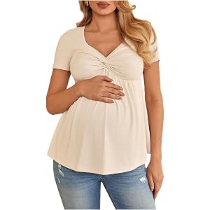Floerns Women's Maternity Babydoll Shirts Summer Short Sleeve Twist Front V Neck Ribbed Pregnancy T Shirts