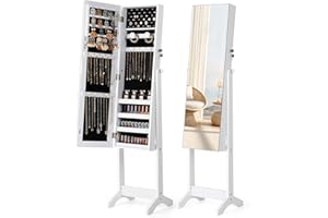 Nicetree Jewelry Cabinet Armoire, Freestanding Jewelry Armoire Organizer with Full-Length Mirror, Lockable Jewelry Storage Cabinet, Frameless Mirror, 3 Adjustable Angles, Moon White