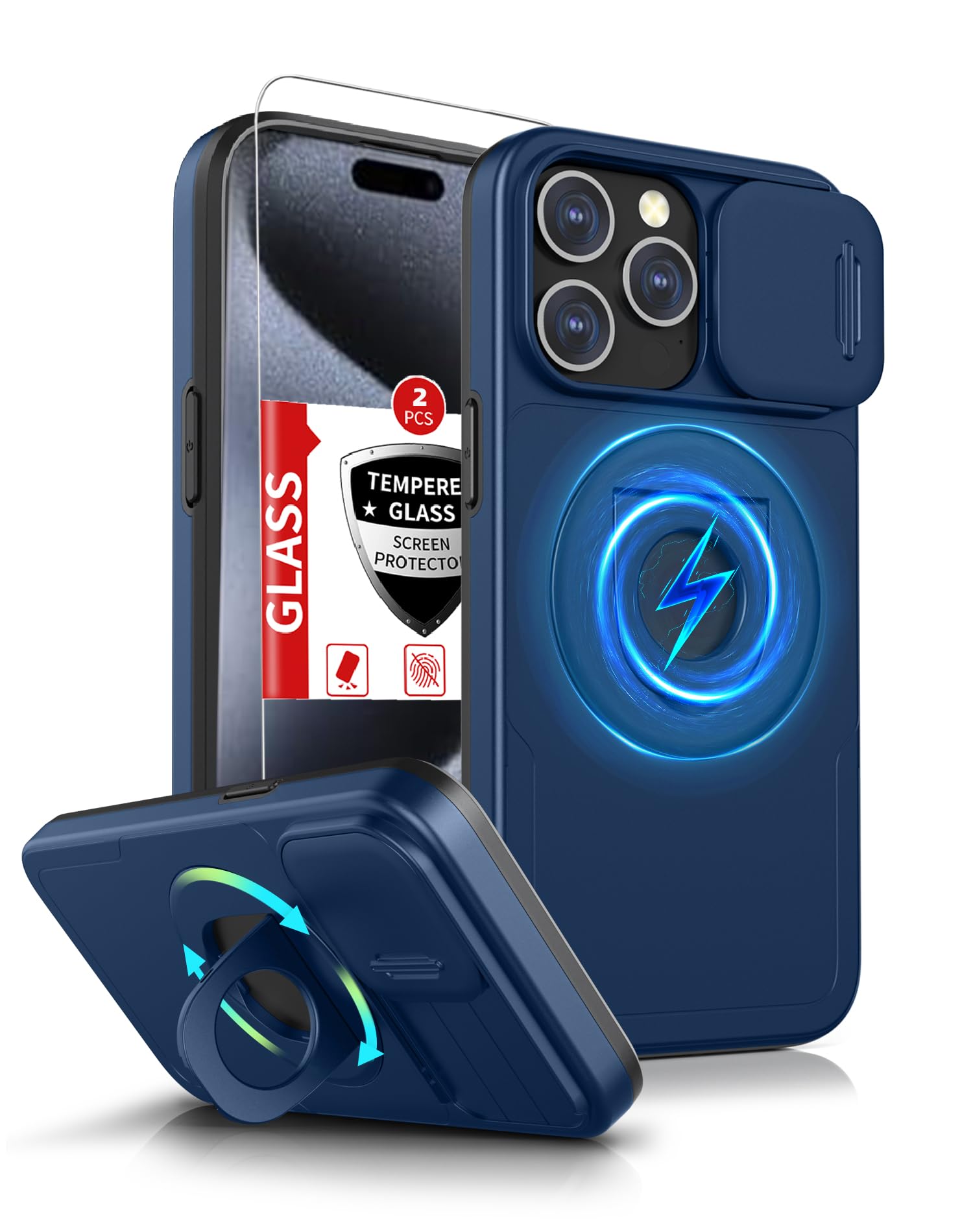 Photo 1 of IYTRRYH for iPhone 15 Pro Case Compatible with MagSafe Magnetic,with 2 Screen Protectors,Built-in Camera Cover,with Stand Ring,Military Grade Drop Shockproof Heavy Duty Protection Phone Bumper Blue