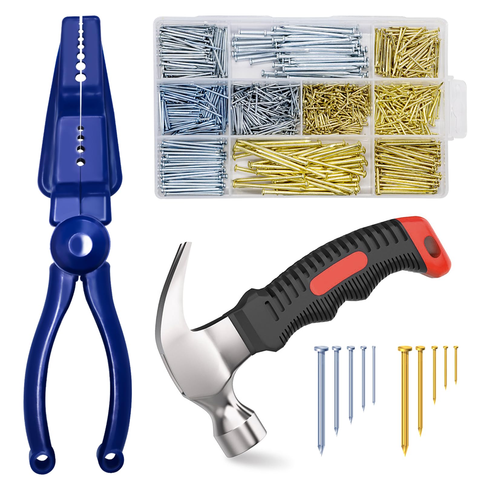 Yauhar 1002Pcs 8 Sizes Galvanized Hardware Nail Assortment Kit with Anti-Smashing Nail Holder Pliers and 8oz Claw Hammer for Wall Mounting, Hanging Pictures, Finish Nail