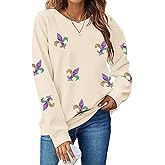 Mardi Gras Sweatshirt for Women Carnival Sequin Sparkle Sweater Purple Masks Crewneck Long Sleeve