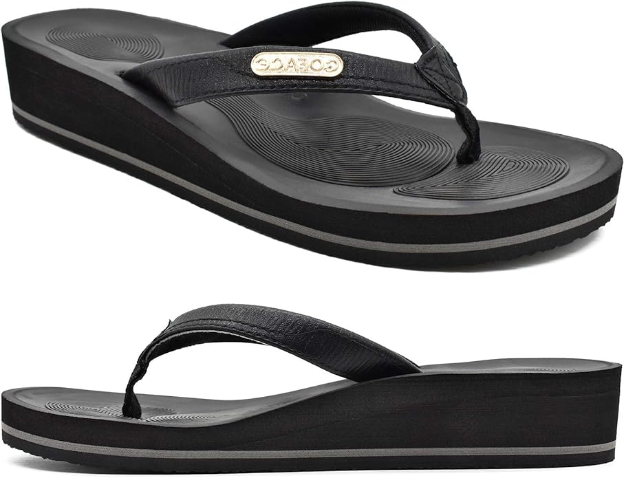 COFACE Leather Flip Flops for Women With Comfortable Arch Support Ladies Fashion Platform Thong