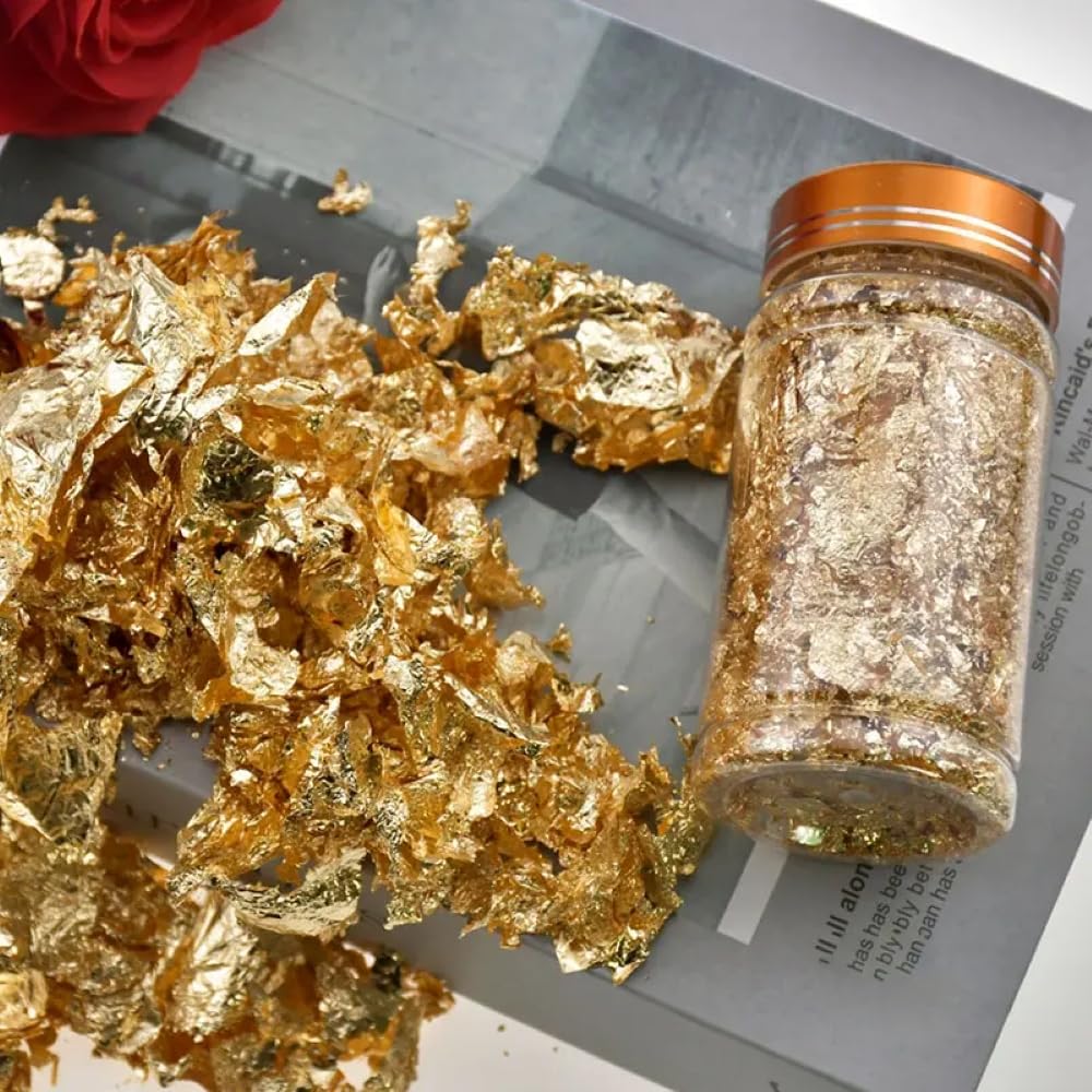 Gold Leaf Flakes 10 Grams,Gold Paper,Gold Leaves for Crafts,Gold Foil Flakes-Gold Leaf for Resin-Foil Craft Sheets-Gold Flakes for Crafts- Nail Decoration (Gold)