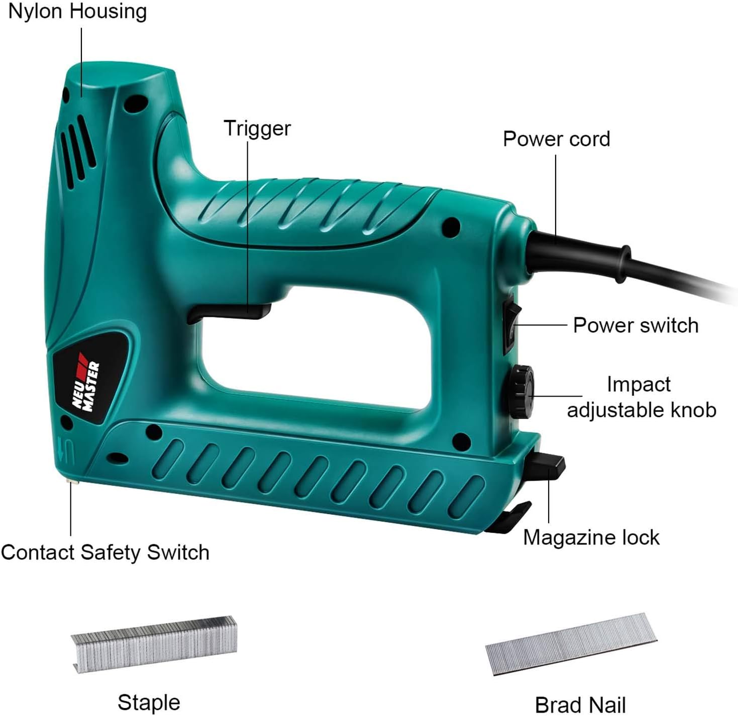 NEU MASTER Electric Brad Nailer, Staple Gun PLD6013 with Contact Safety and Power Adjustable Knob for Upholstery and Home Improvement - Image 3
