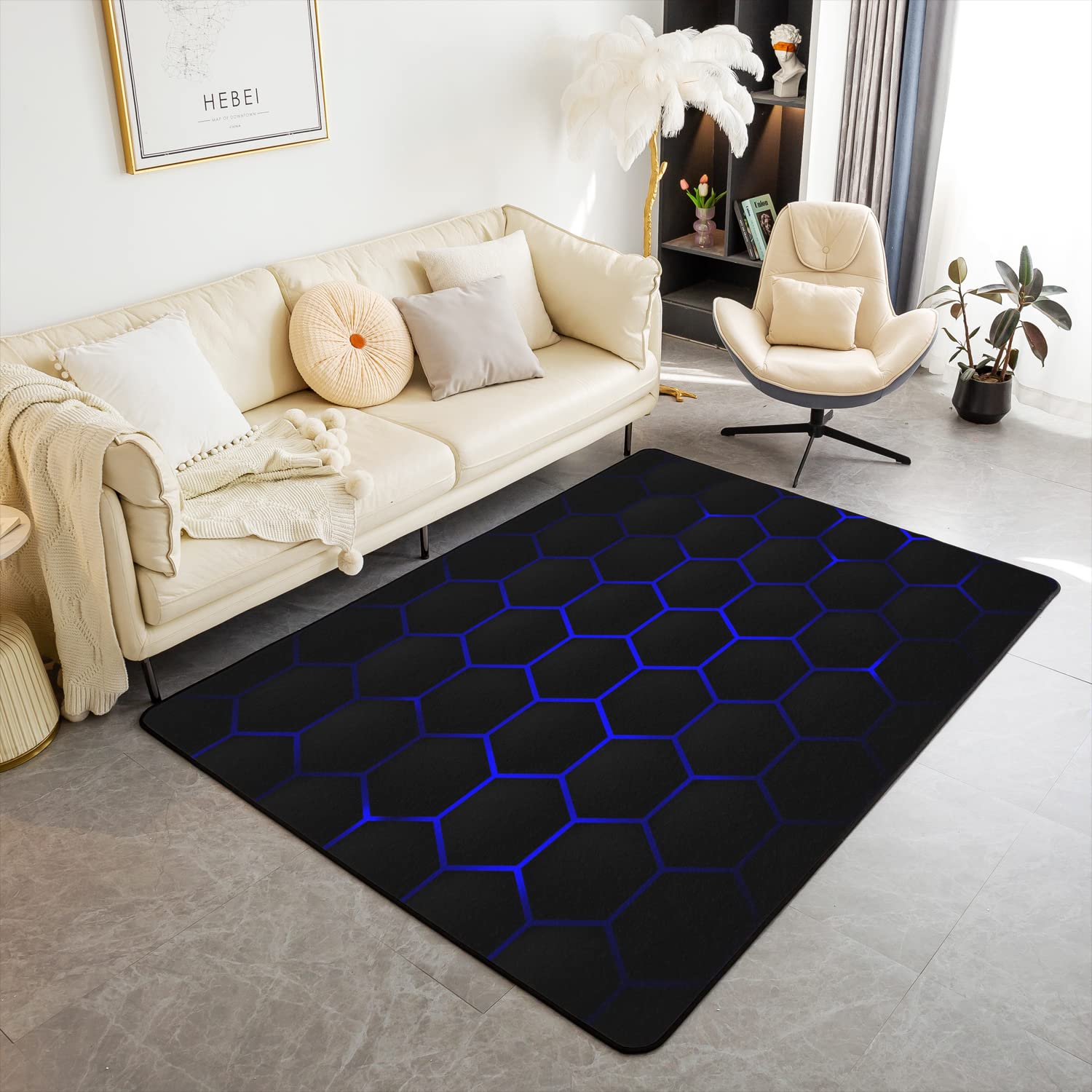 Loussiesd Honeycomb Area Rug 150x200cm Modern Hexagon Theme Rugs for Living Room Bedroom Geometrical Beehive Black Blue Decorative Rug
