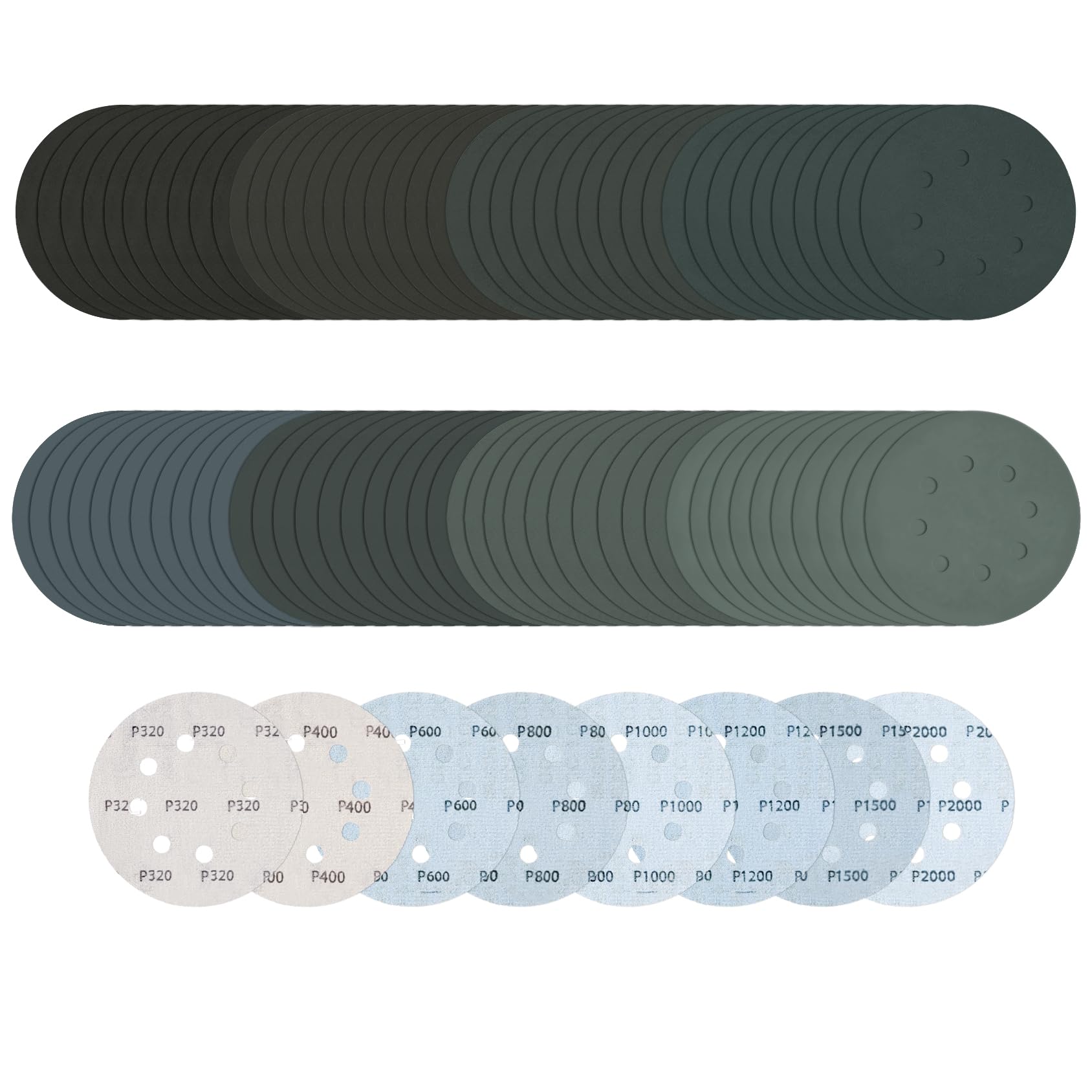 Xrkuu 125mm Sanding Discs 80Pcs, 5 Inch 8 Hole Wet Dry Hook & Loop Sanding Pads, 320 400 600 800 1000 1200 1500 2000 Grit Orbital Sander Discs for Grinding Polishing Wood Furniture Metal Car