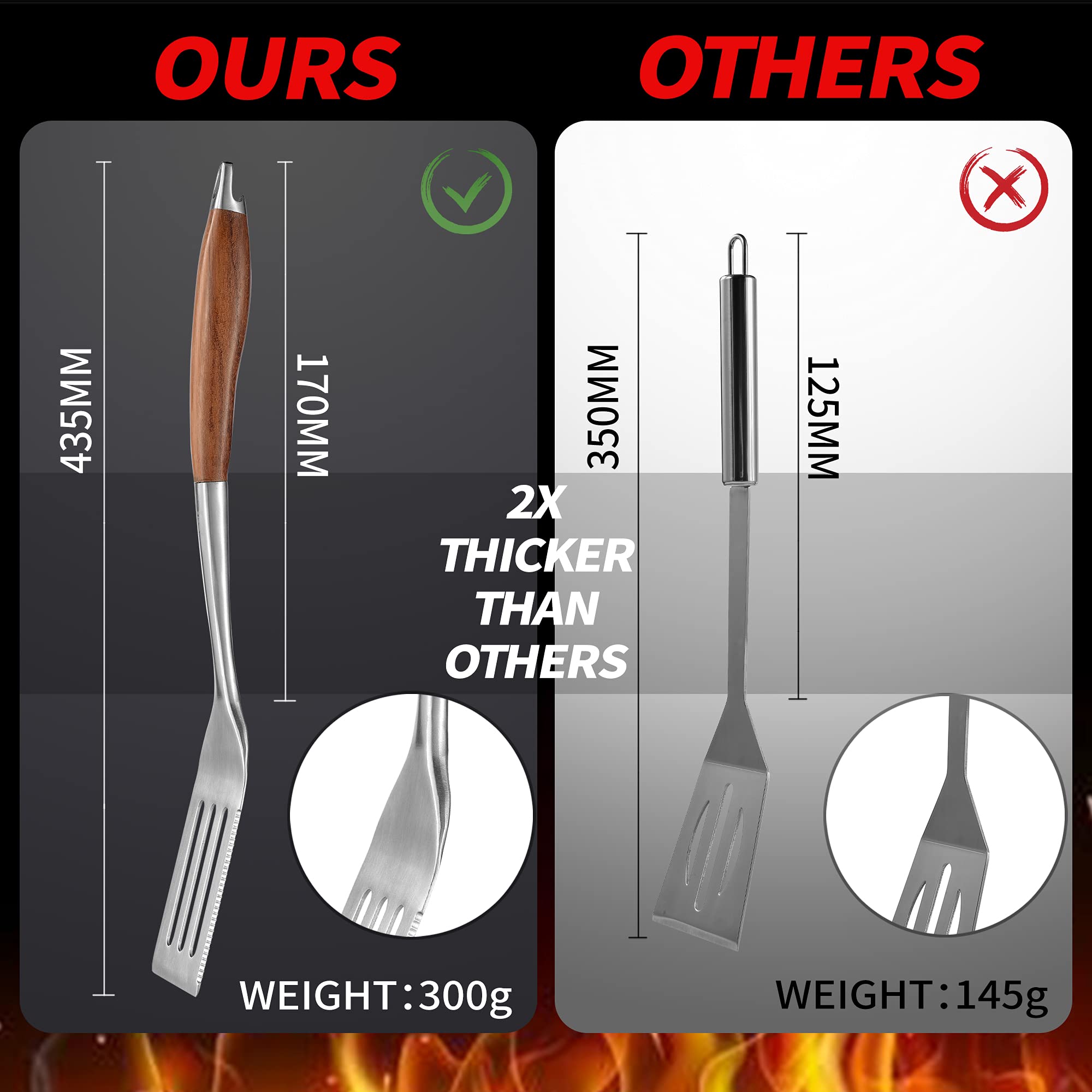 GRILAZ Heavy-Duty Rose Wooden BBQ Grilling Tools Set. Extra Thick Stainless Steel Multi-Function Spatula, Fork & Tongs | Essential Accessories for Barbecue & Grill. Ideal Gift for Father…