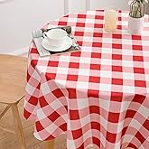 VEDACHIC Round Red and White Checkered Tablecloth 70 Inch Spring Gingham Table Cloth- Buffalo Plaid Polyester Table Cover for Summer Holiday Decorations Reusable Water Resistant