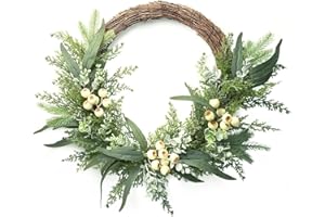 Softflame Artificial Eucalyptus Wreath 24 Inch for Front Door, Half Wreath with Big White Berries and Eucalyptus Leaves for Wedding Home Décor Outdoor Décor