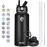 Elvira 32oz Vacuum Insulated Stainless Steel Water Bottle with Straw & Spout Lids, Double Wall Sweat-proof BPA Free to Keep B