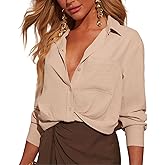theYoChao Womens Long Sleeve Button Down Cropped Shirts Solid Cute Lapel Pleated Front Short Blouses with Pocket